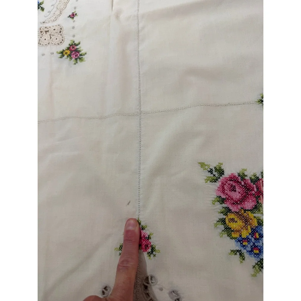 Vintage Hand Embroidered Cross Stitch Tablecloth Cotton Floral Crochet lace BB14